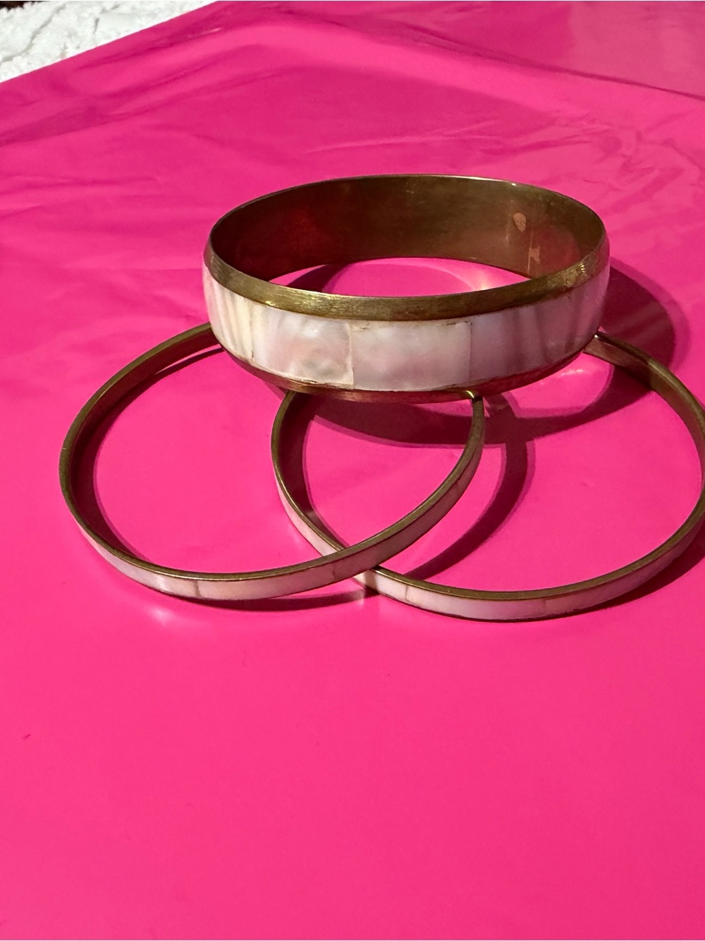3 Piece Vintage Mother of Pearl Inlay Brass Bangle Bracelets, 7.5”